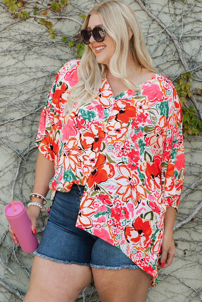 Rose plus größe floral print kimono ärmel shirt