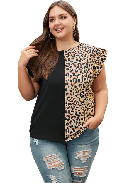 Schwarzer leopard kontrast block flatterärmel plus größe top