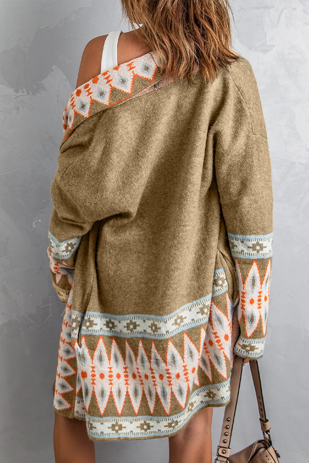 Khaki aztekenmuster strickjacke mit offener vorderseite