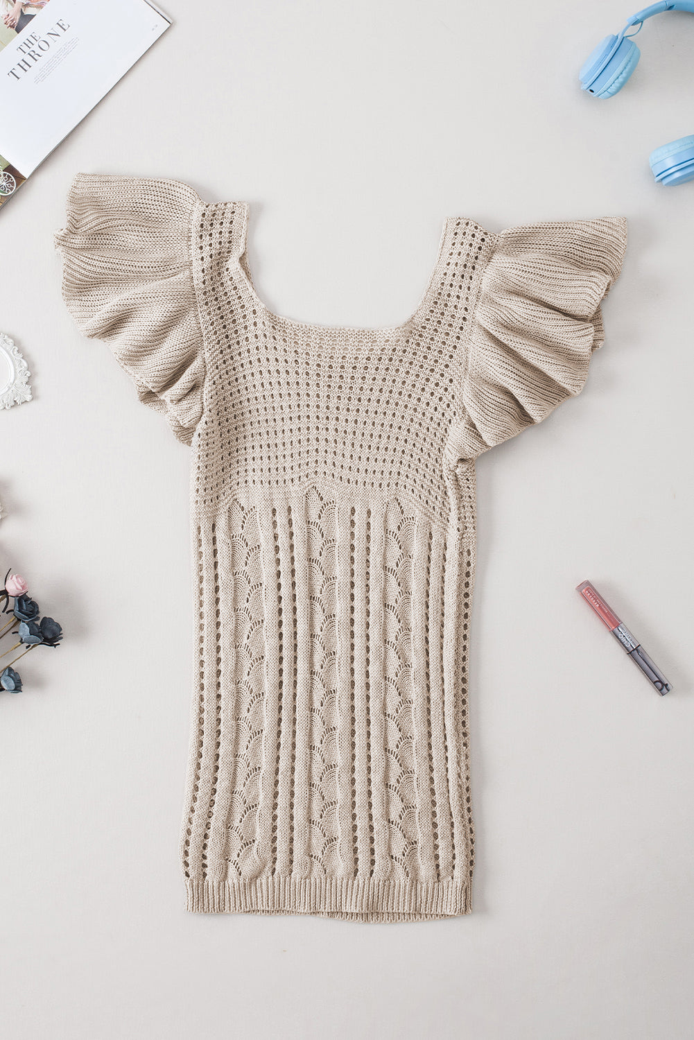 Beige pointelle-strickpullover mit flatterärmeln