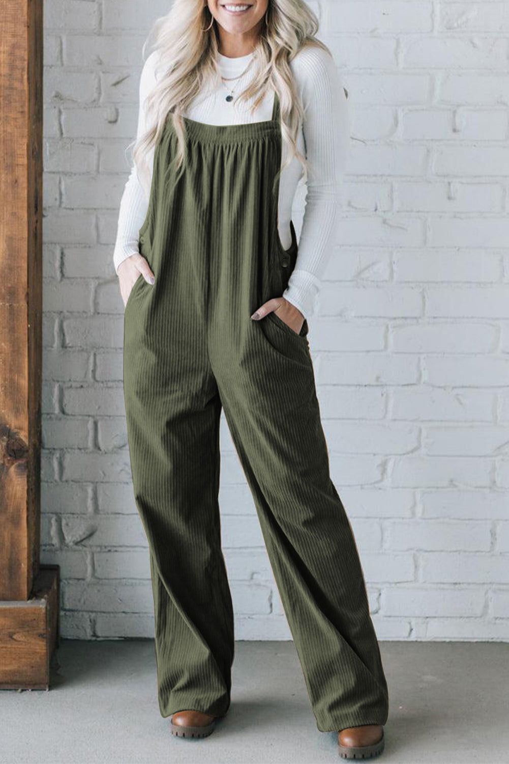 Jungle Green Solid Pocket Loose Fit Kord Over het algemeen