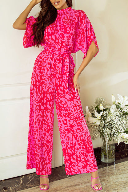 Roze luipaard losse mouwgordel met een wide been jumpsuit