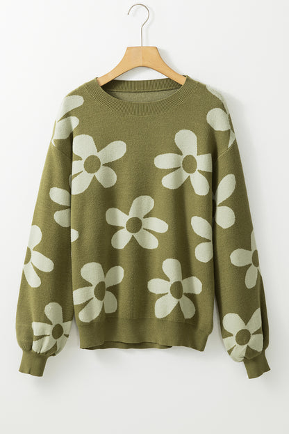 Spinat Green Sweater met grote bloem- en ribbreienpatroon