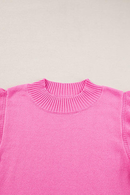 Bonbon geribbel mock neck sweater met korte mouwen en ruches