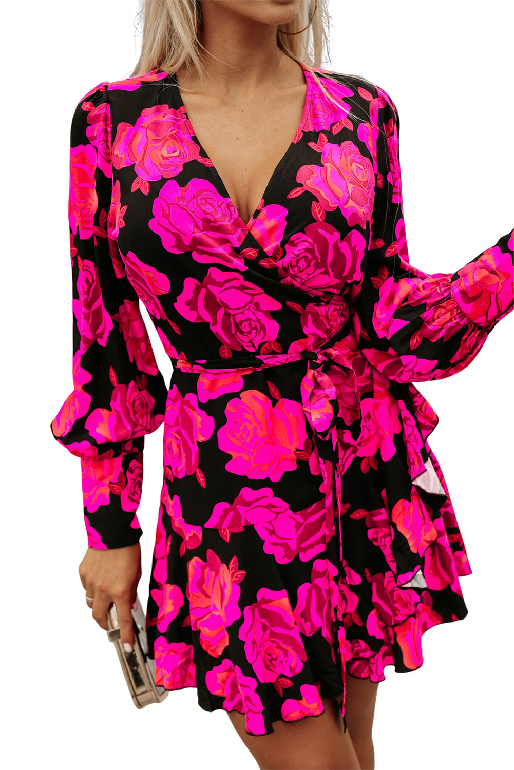 Rose mit blumendruck v-ausschnitt wrap bishop sleeve ruffle tiered minikleid