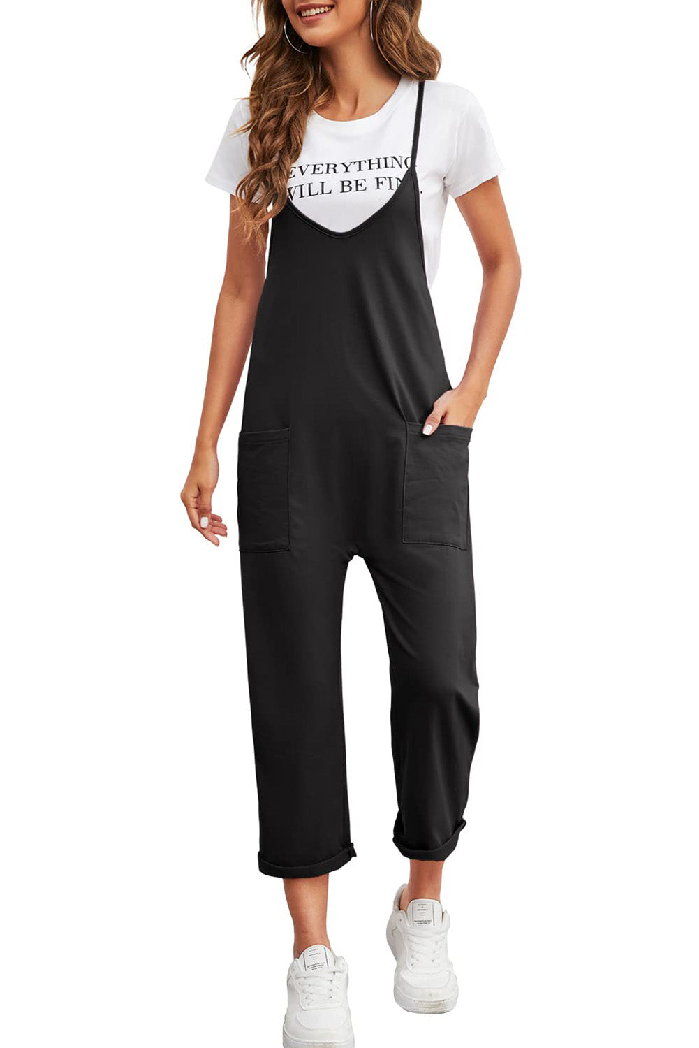 Zwart zak met verstelbare spaghetti -riemriemriempoot jumpsuit