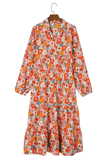 Multicolor Boho Floral Collared Long -Sleeveved, Roted Dress