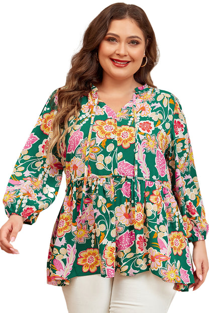 Grünes geblümtes gebundenes v-ausschnitt langärmeliges plus size babydoll top