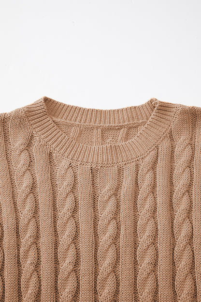 Light french beige rundhalsausschnitt kabelstrickpullover mit kurzen ärmeln