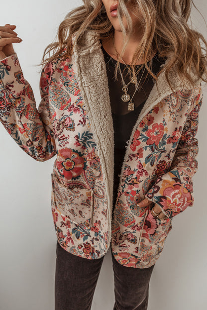 Beige vintage paisley floral gedruckt sherpa gefüttert jacke mit kapuze