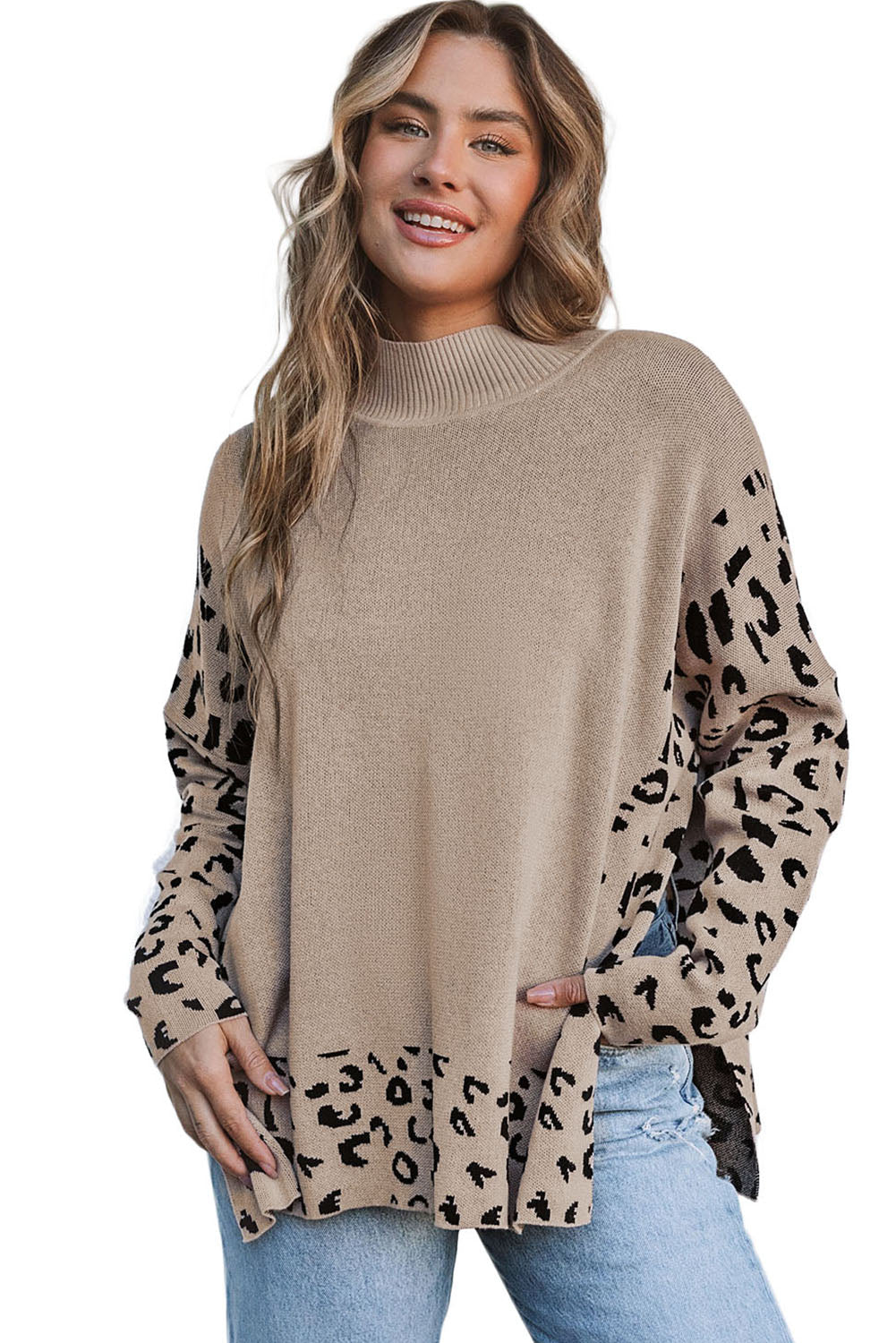 Khaki leopard pullover mit hohem halsausschnitt und seitenschlitz in übergröße