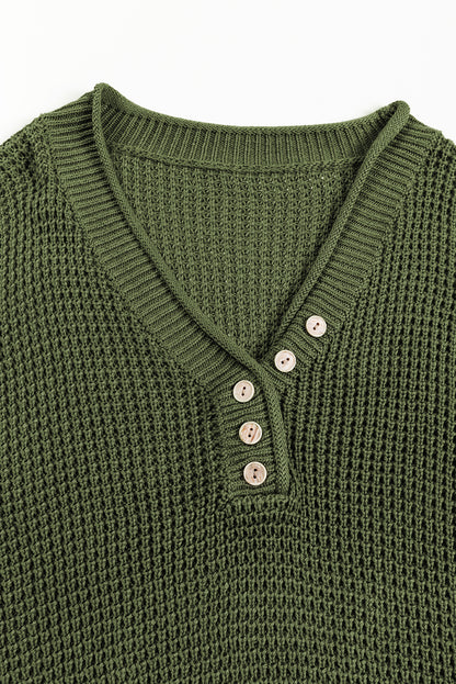 Pickle grüner pointelle strickpullover mit v-ausschnitt und tropfenschulter